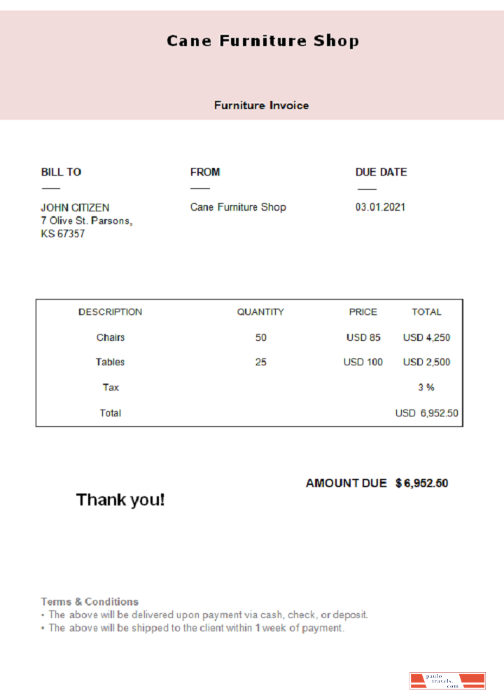 USA Cane Furniture Shop invoice PSD template